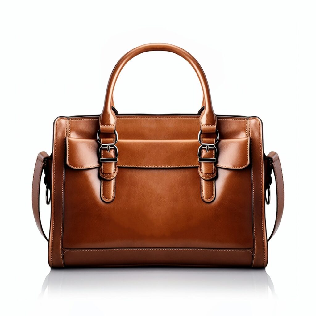 a brown leather handbag on a white background